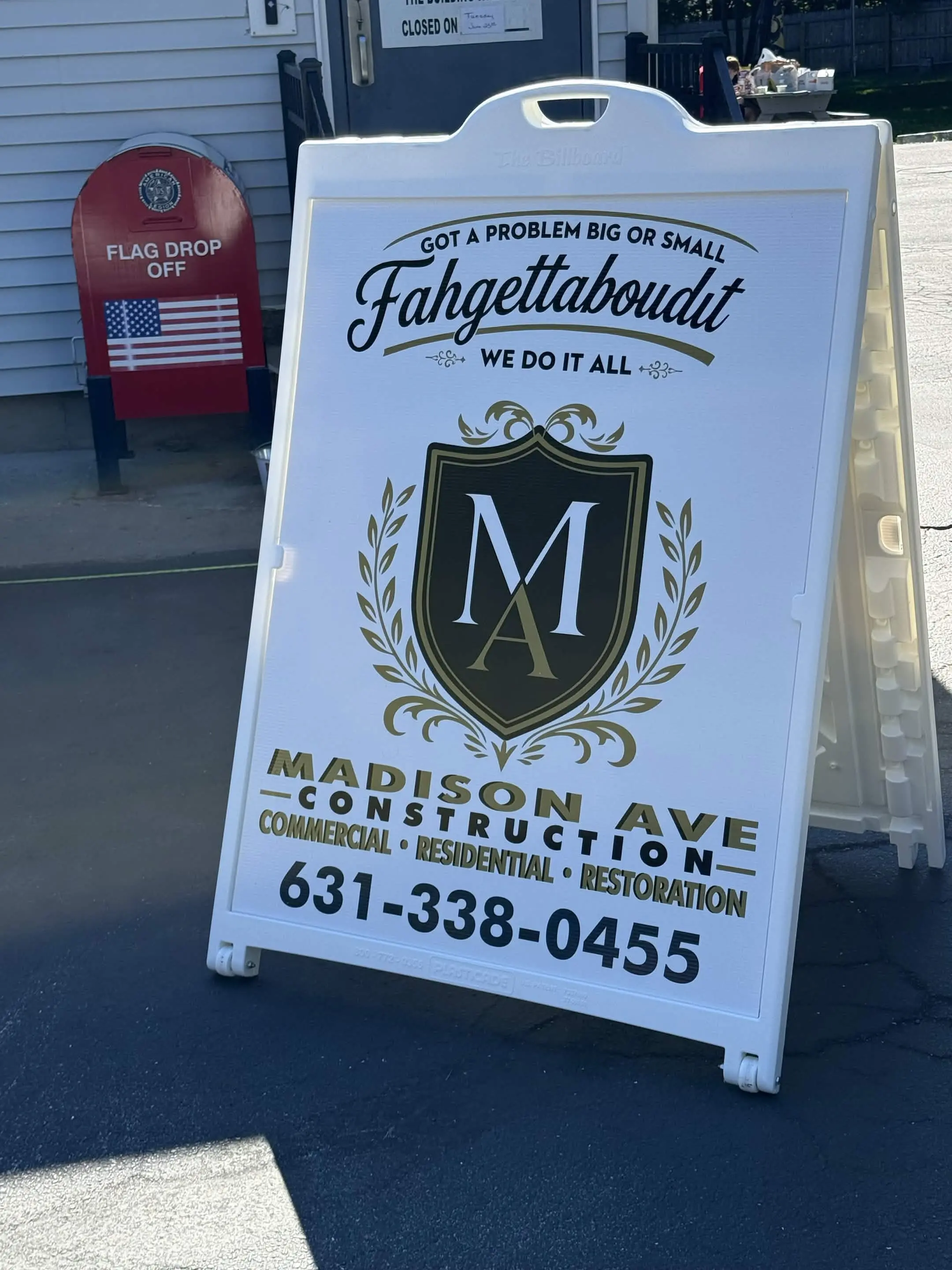 Madison Ave Construction sign at the American Legion Post 432 community project