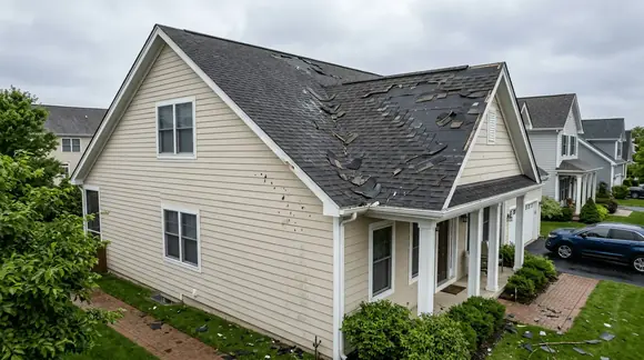 Storm-damaged roof with torn shingles