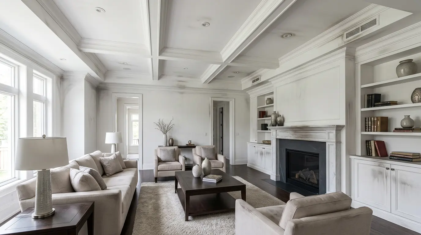 Faint soot ghosting on the ceiling and walls of a living room — an early warning sign of an oil burner puff back