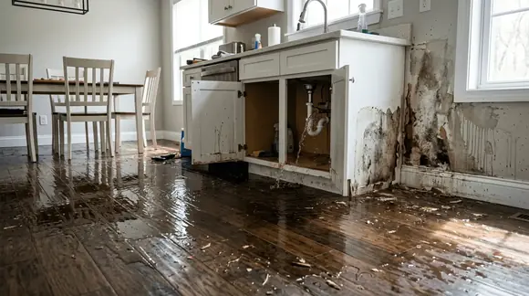 Flooded kitchen floor with water damage