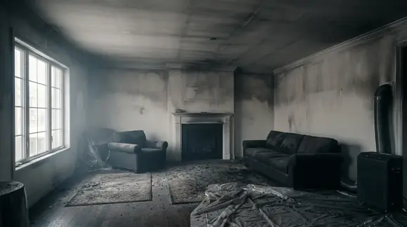 Smoke and soot damage in a living room