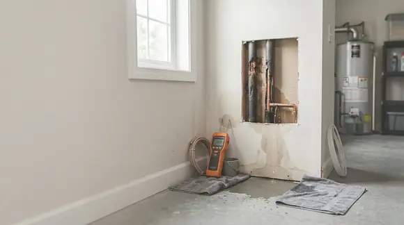 Exposed copper plumbing pipes in a wall