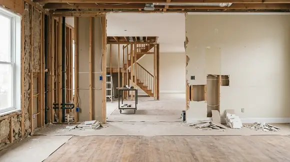 Interior demolition with exposed framing